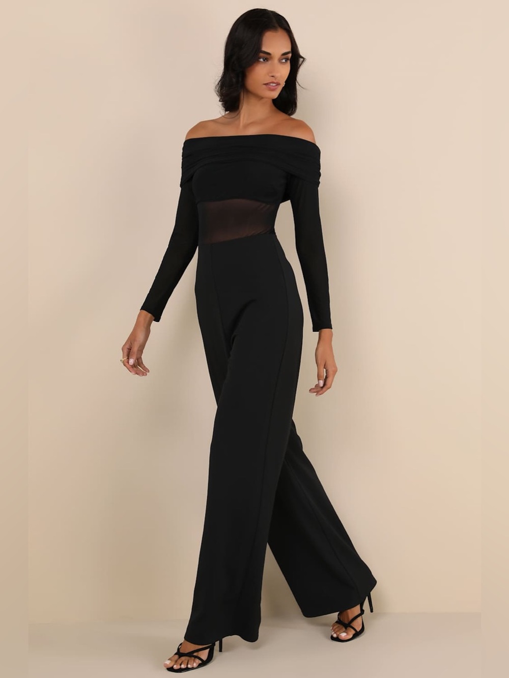 Sultry Statement Black Mesh Ruched Off-the-Shoulder Jumpsuit New with Tags XXL